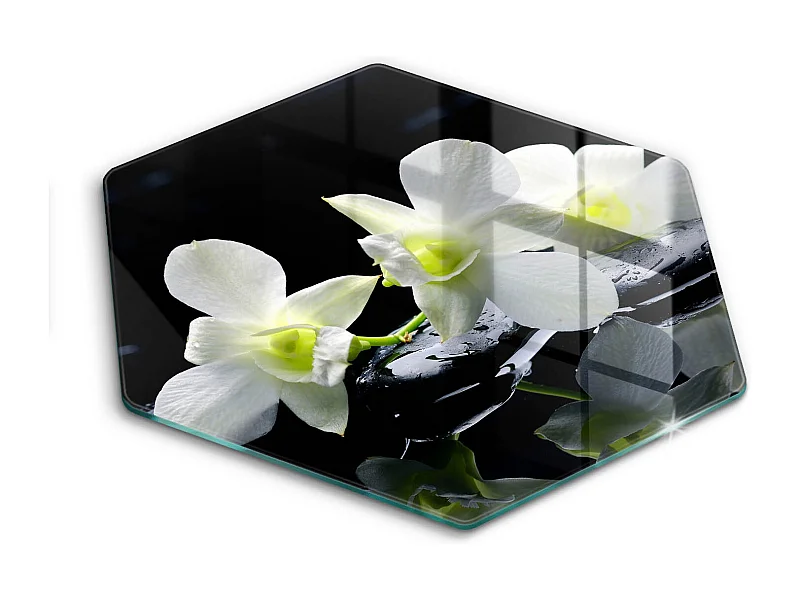 Sechseckiges Küchenbrett aus Glas, 40 cm. Weiße Blumen im Zen-Wasser