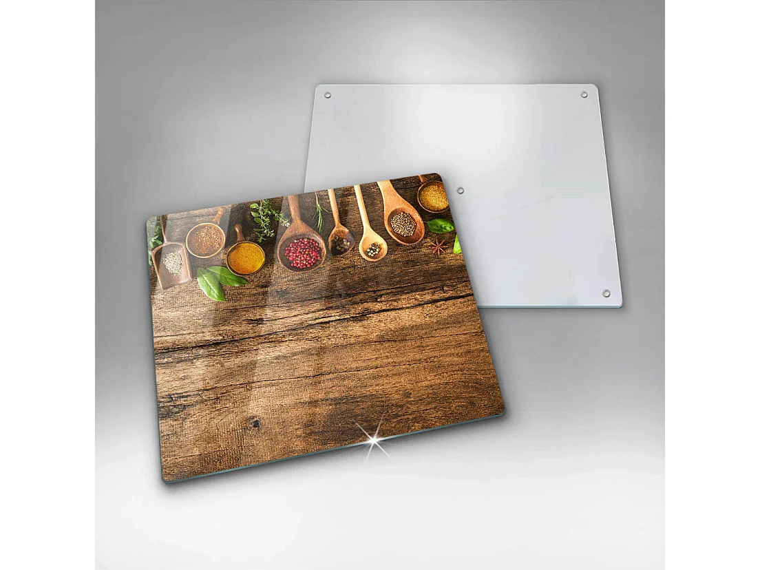 Rechteckiges Küchenbrett aus Glas, 60x52 cm. Holzlöffel für Gewürze