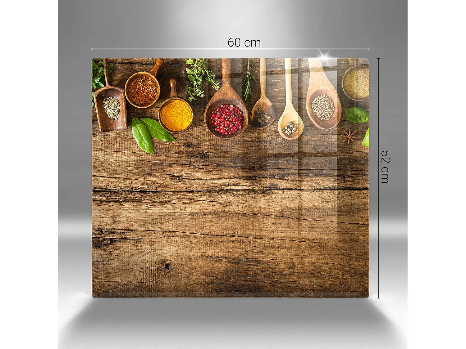 Rechteckiges Küchenbrett aus Glas, 60x52 cm. Holzlöffel für Gewürze
