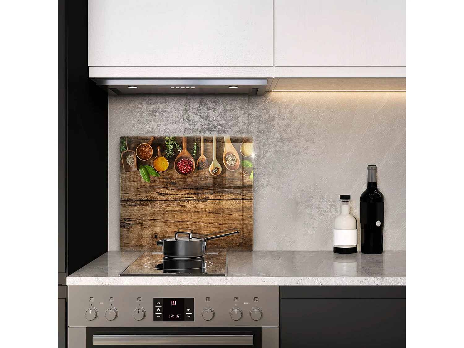 Rechteckiges Küchenbrett aus Glas, 60x52 cm. Holzlöffel für Gewürze