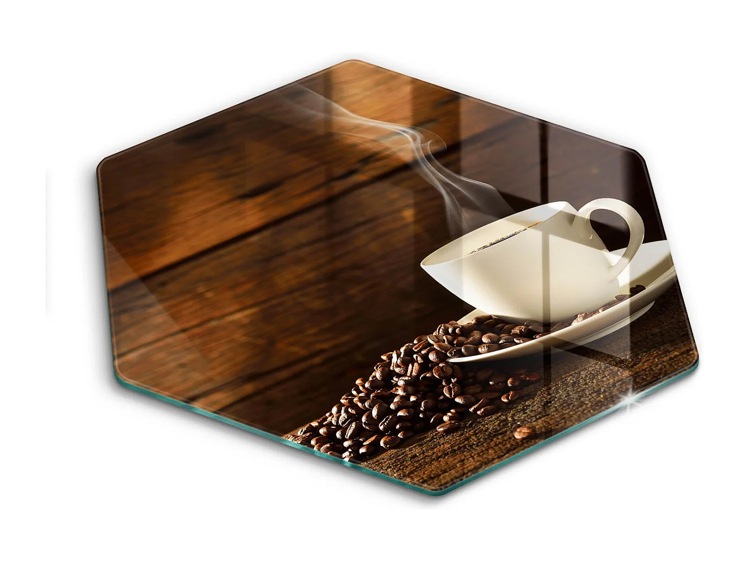 Sechseckiges Küchenbrett aus Glas, 40 cm Kaffeetasse aus Holz