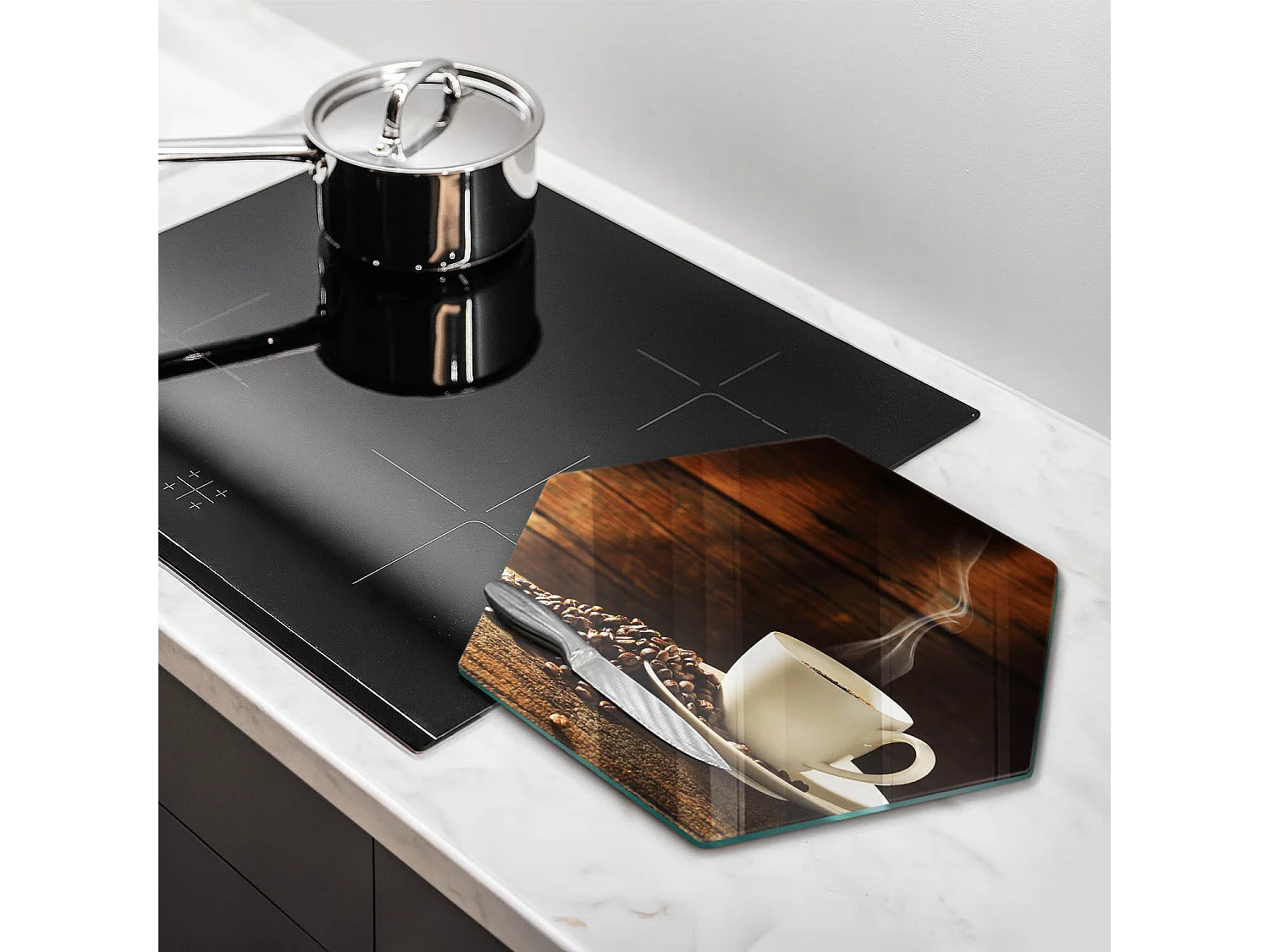 Sechseckiges Küchenbrett aus Glas, 40 cm Kaffeetasse aus Holz