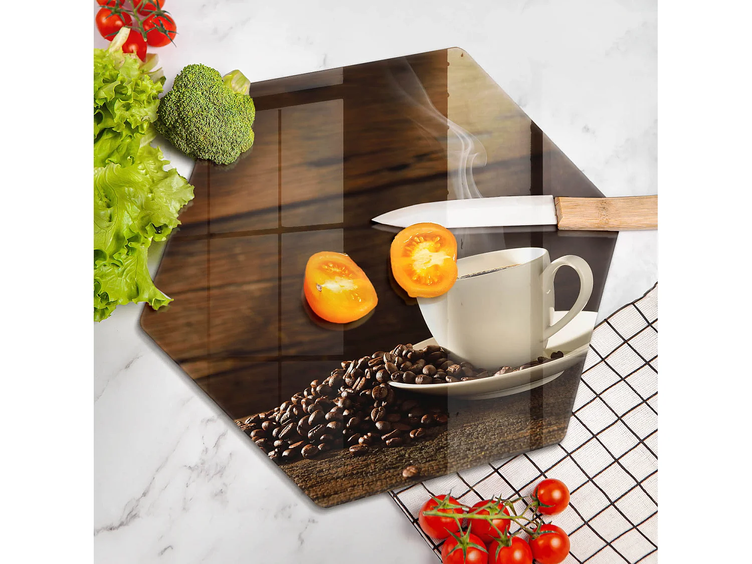 Sechseckiges Küchenbrett aus Glas, 40 cm Kaffeetasse aus Holz