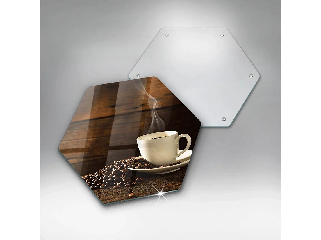 Sechseckiges Küchenbrett aus Glas, 40 cm Kaffeetasse aus Holz