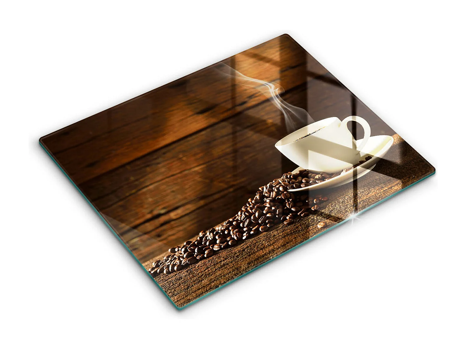 Rechteckiges Küchenbrett aus Glas, 52 x 40 cm. Kaffeetasse aus Holz