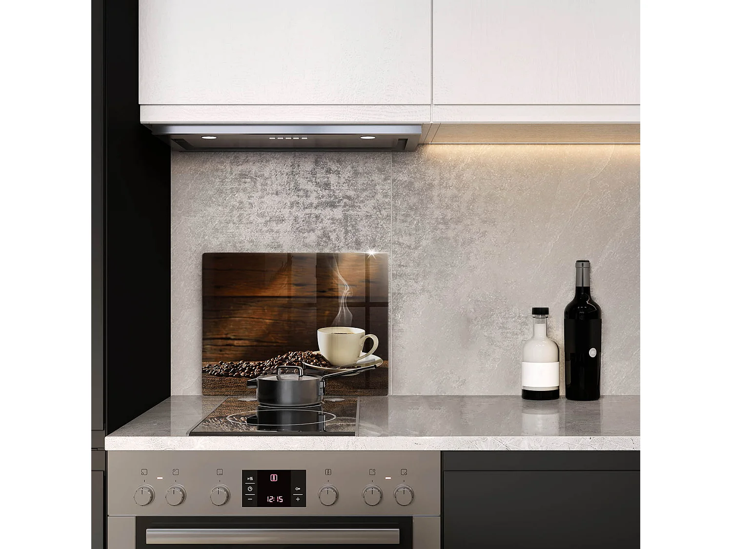 Rechteckiges Küchenbrett aus Glas, 52 x 40 cm. Kaffeetasse aus Holz