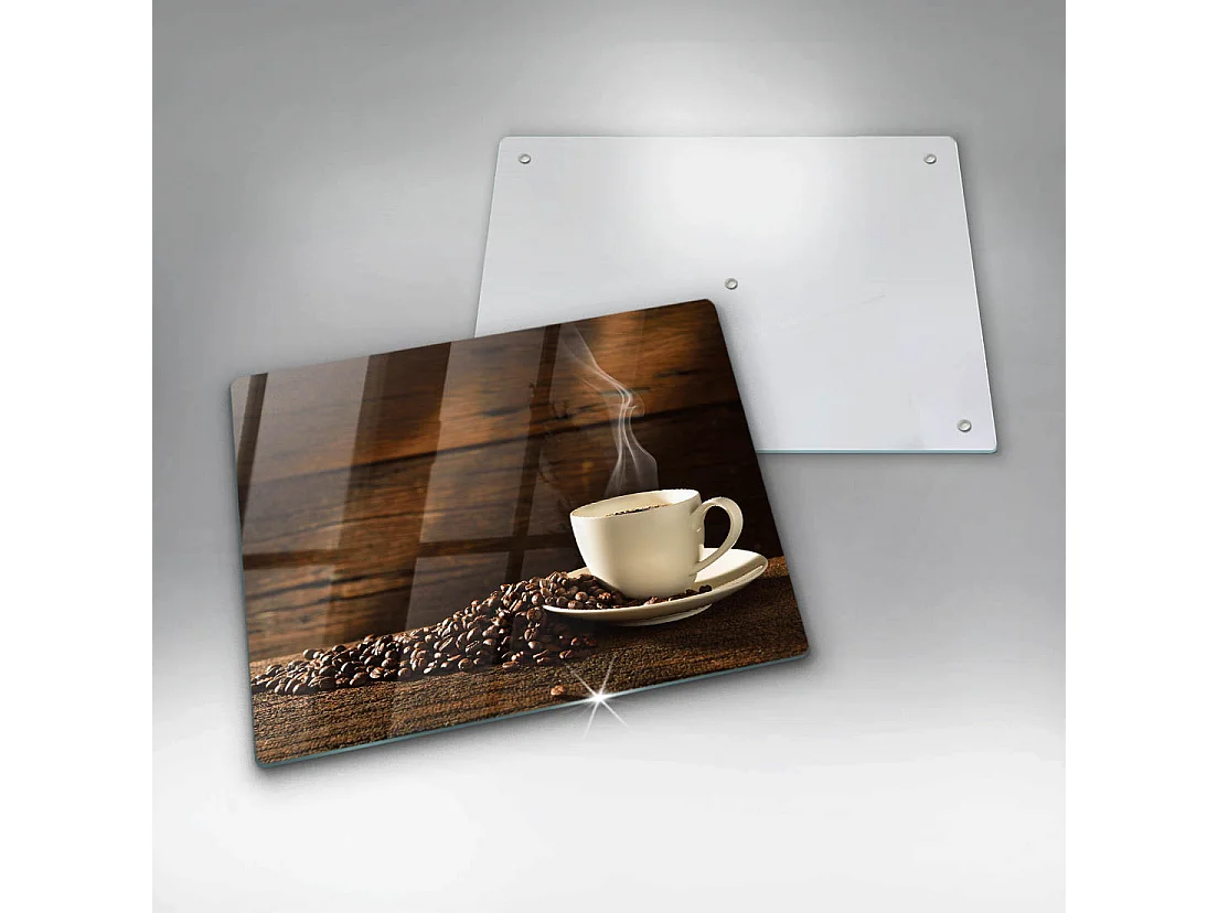 Rechteckiges Küchenbrett aus Glas, 52 x 40 cm. Kaffeetasse aus Holz