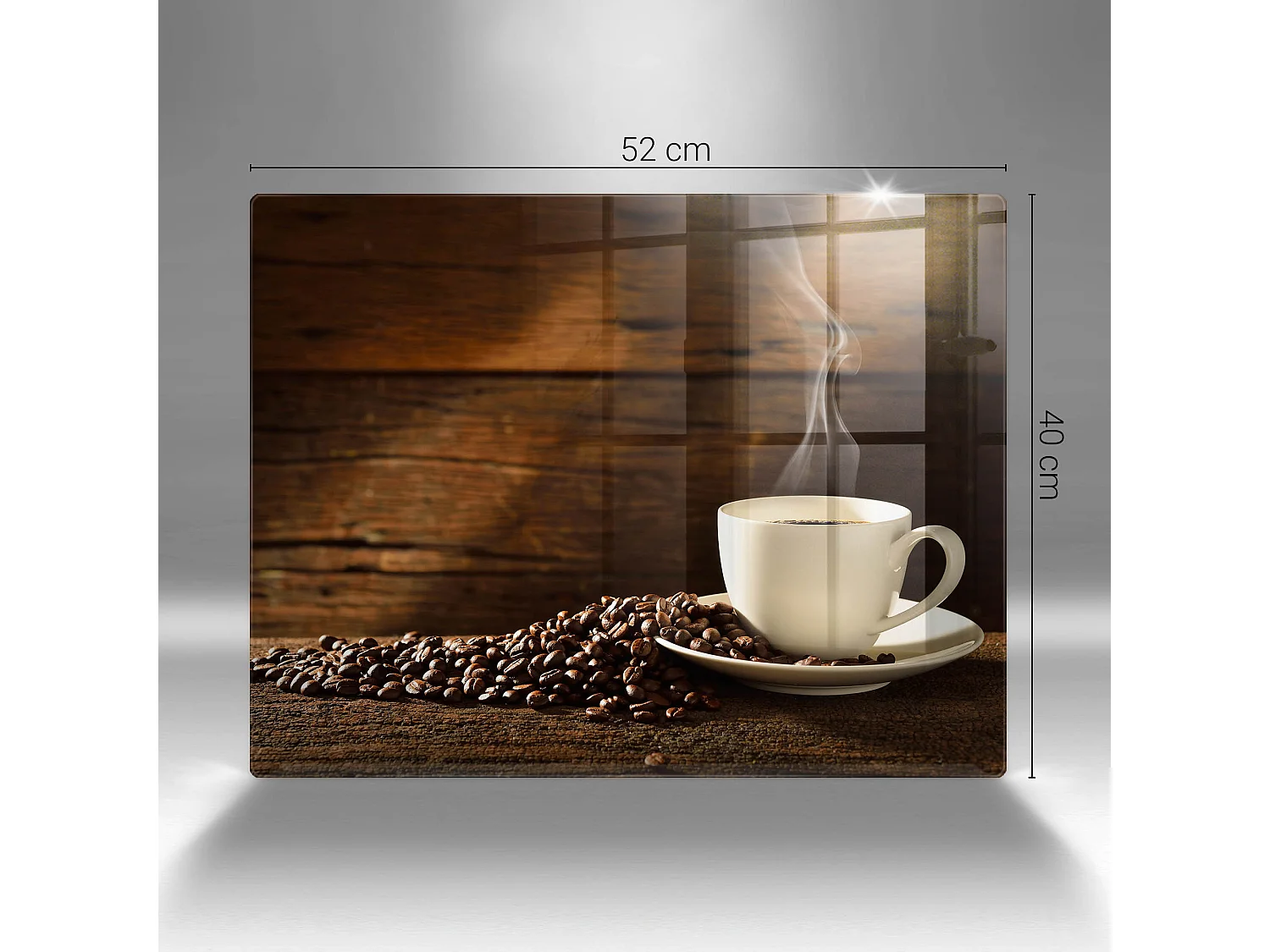 Rechteckiges Küchenbrett aus Glas, 52 x 40 cm. Kaffeetasse aus Holz