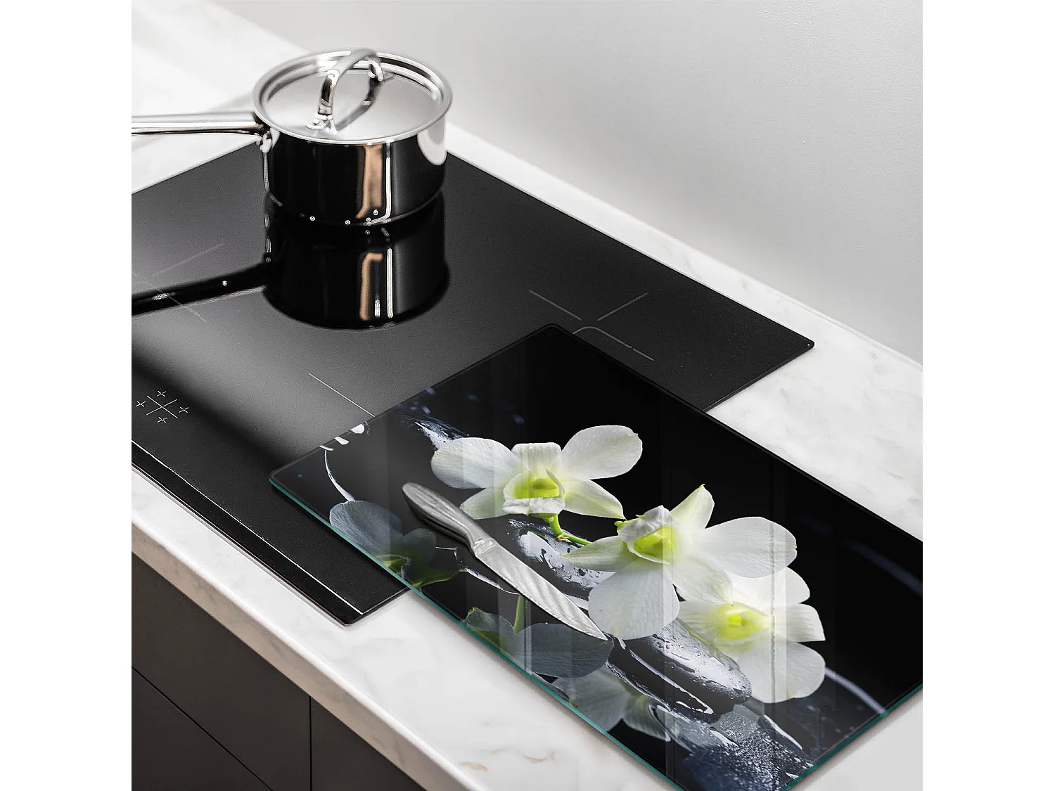 Planche de cuisine rectangulaire en verre, 52x30 cm Fleurs blanches dans l'eau zen