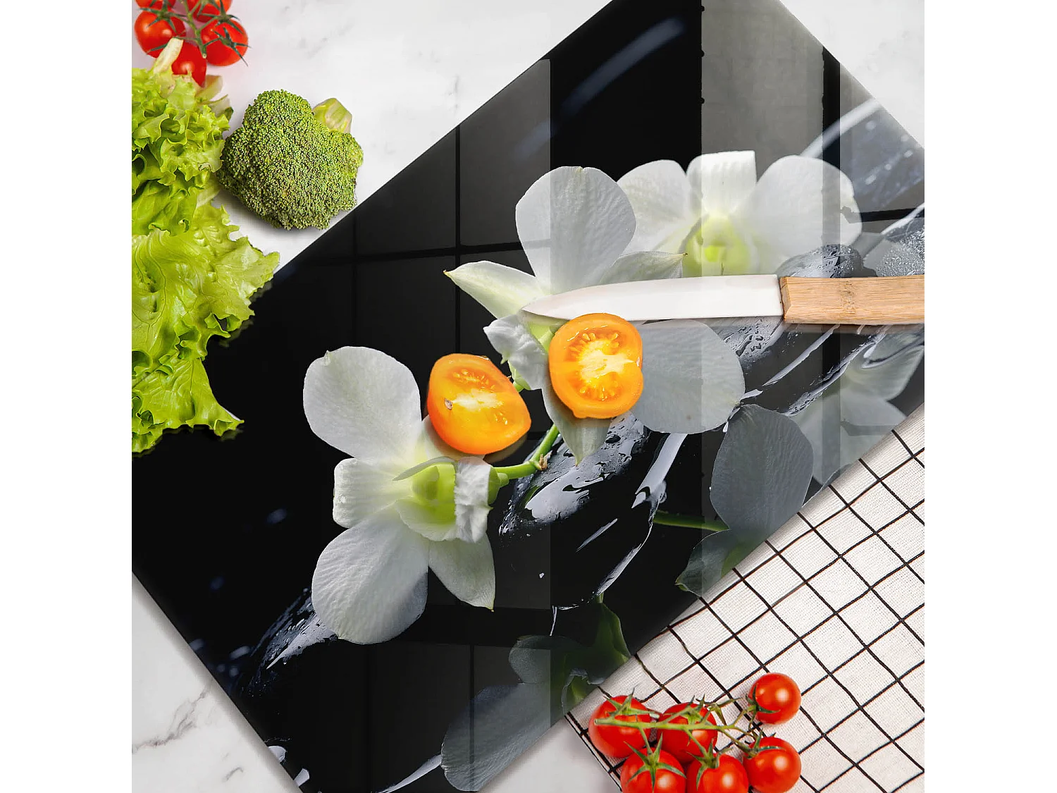 Planche de cuisine rectangulaire en verre, 52x30 cm Fleurs blanches dans l'eau zen