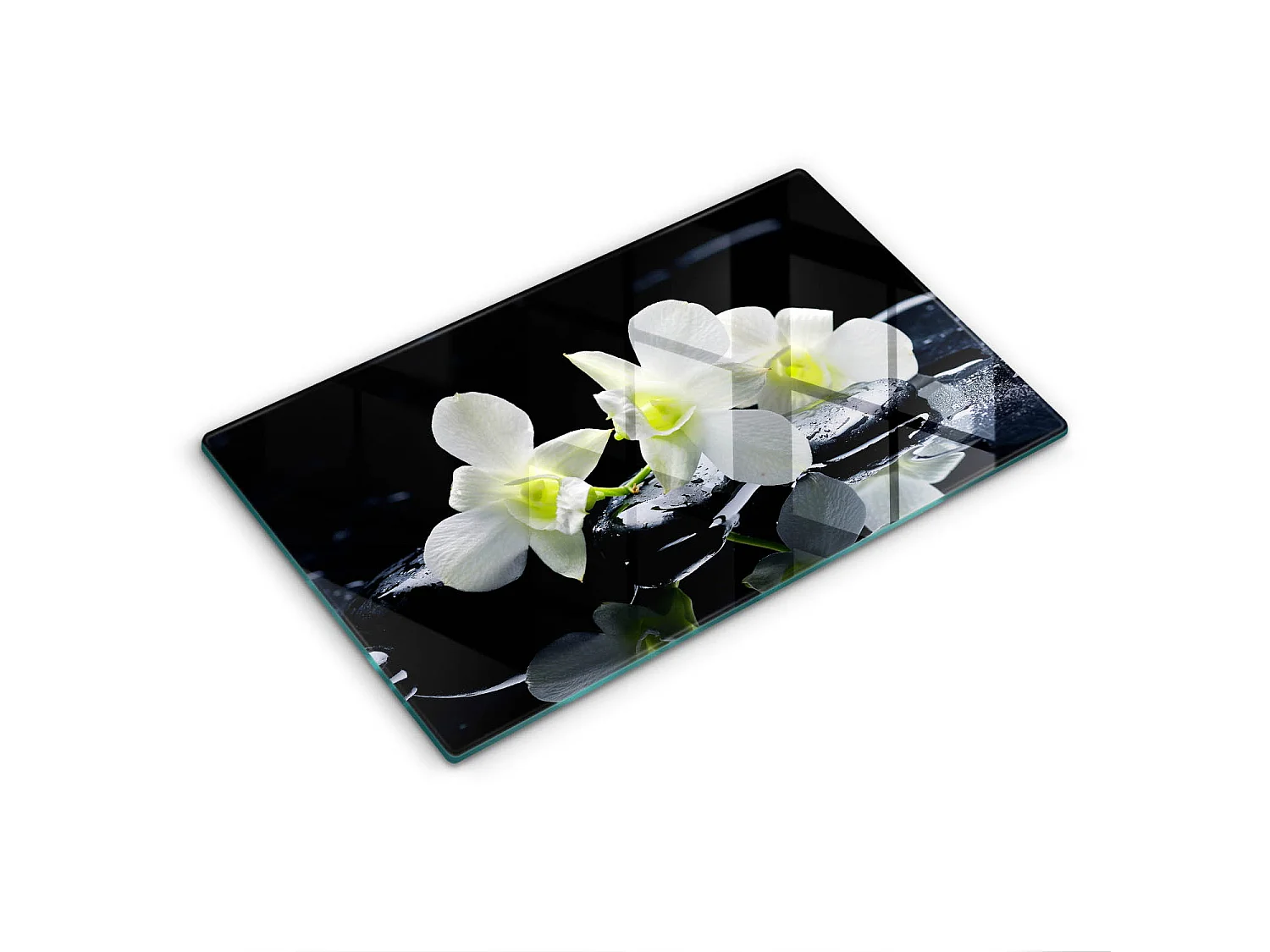 Rechteckiges Küchenbrett aus Glas, 52x30 cm Weiße Blumen im Zen-Wasser