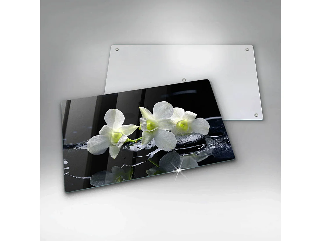 Rechteckiges Küchenbrett aus Glas, 52x30 cm Weiße Blumen im Zen-Wasser