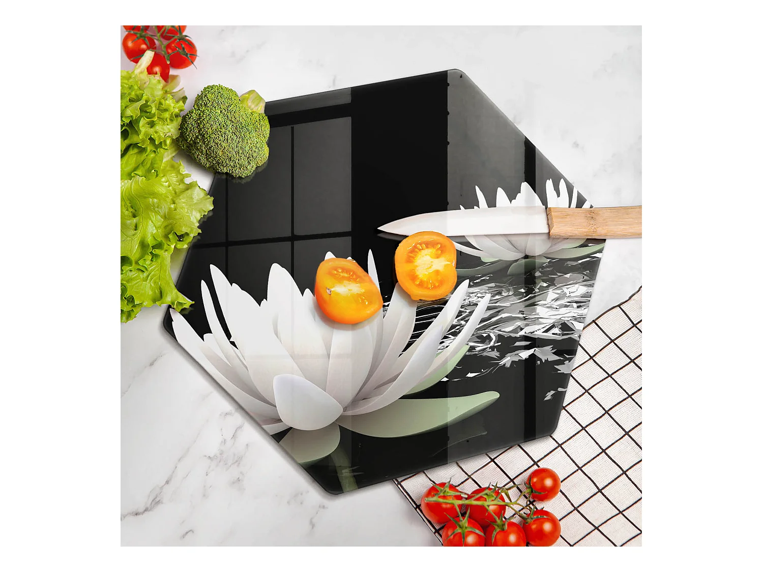 Planche de cuisine hexagonale en verre, 40 cm Lys blancs sur l'eau