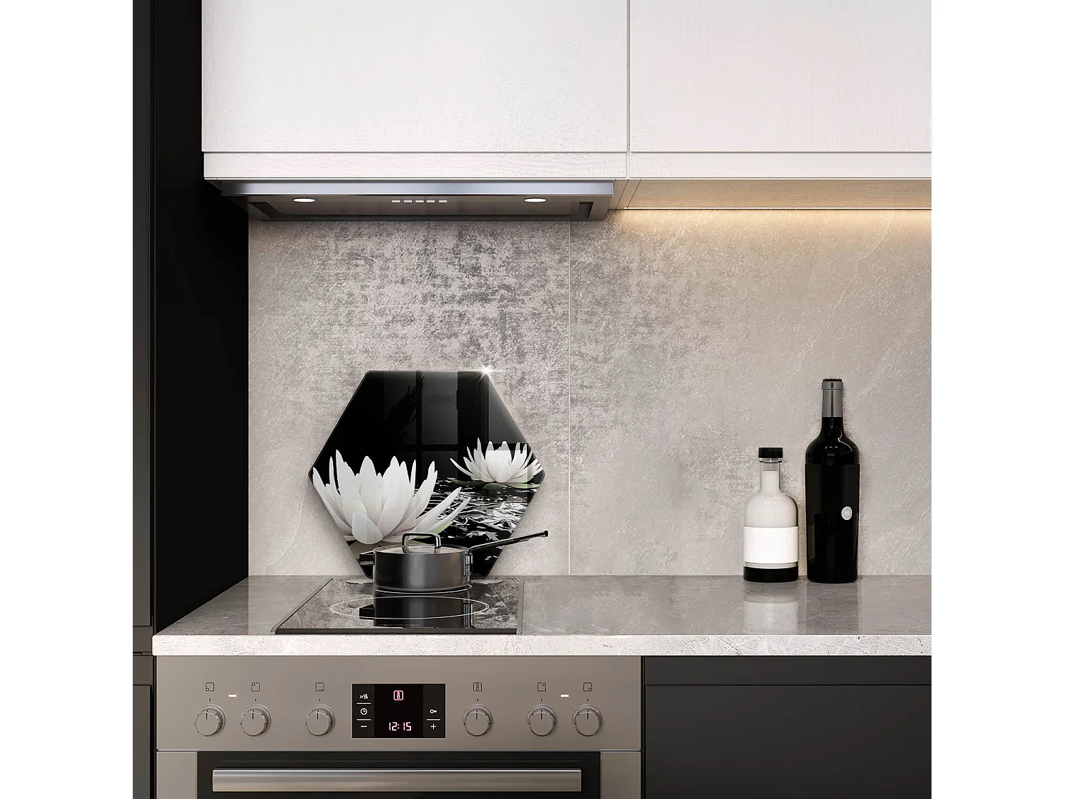 Sechseckiges Küchenbrett aus Glas, 40 cm. Weiße Lilien auf dem Wasser