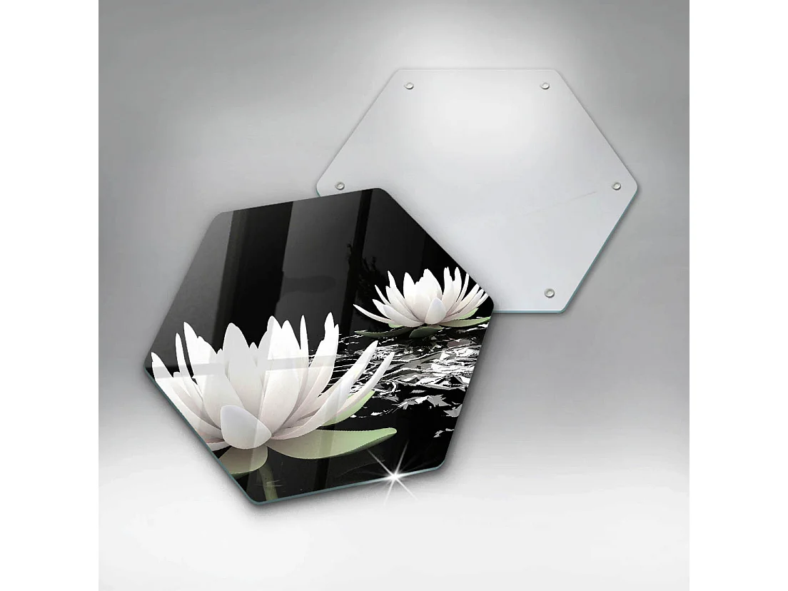 Sechseckiges Küchenbrett aus Glas, 40 cm. Weiße Lilien auf dem Wasser