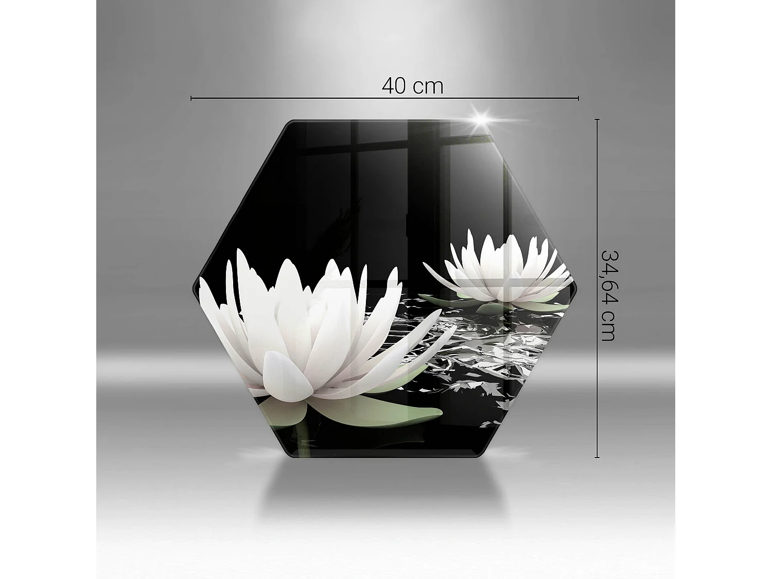 Sechseckiges Küchenbrett aus Glas, 40 cm. Weiße Lilien auf dem Wasser