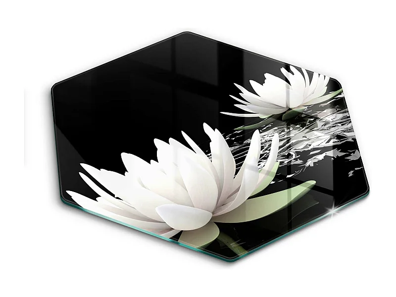 Sechseckiges Küchenbrett aus Glas, 40 cm. Weiße Lilien auf dem Wasser