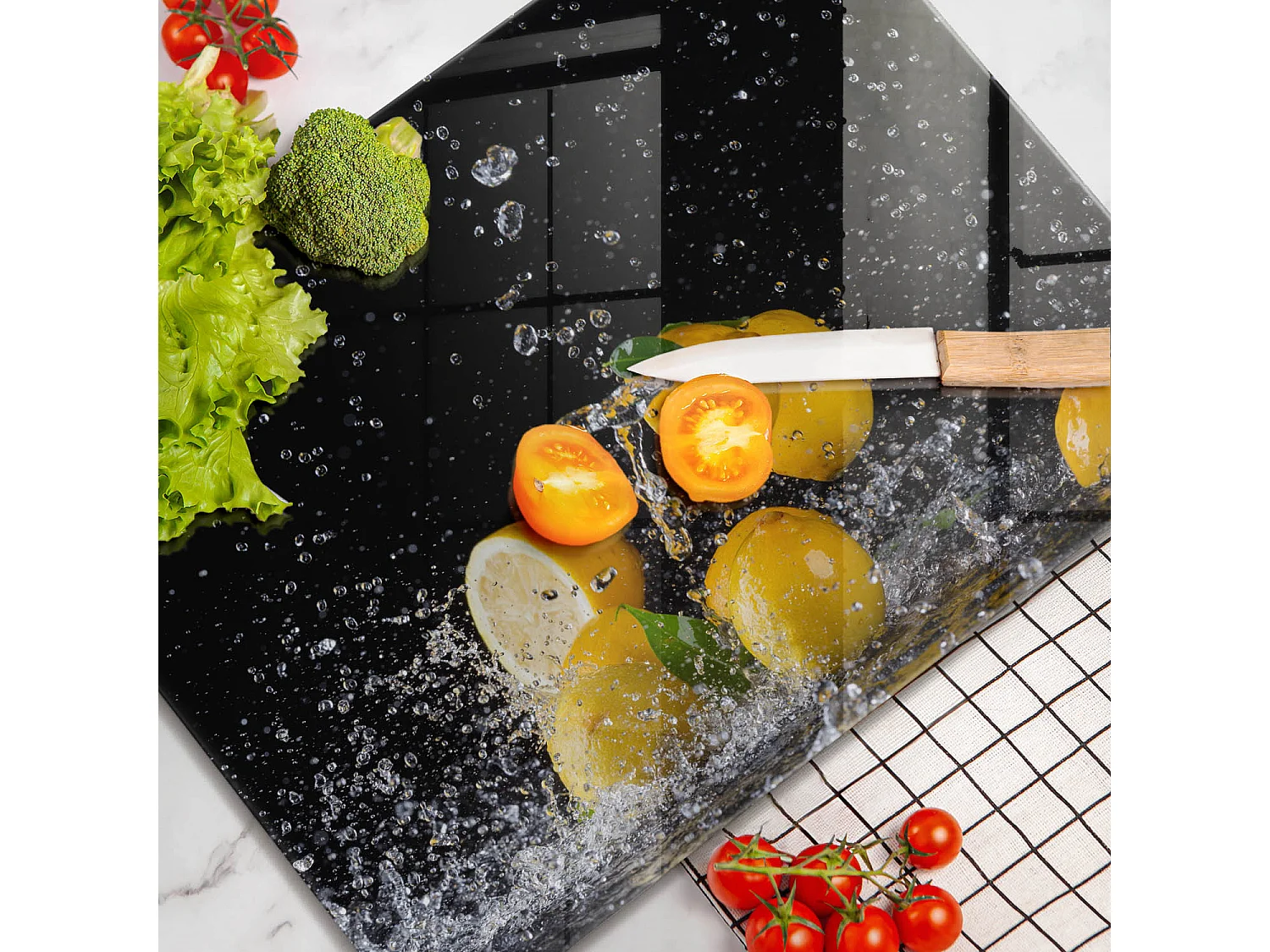 Rechteckiges Küchenbrett aus Glas, 52x40 cm Saftige Zitronenfrucht