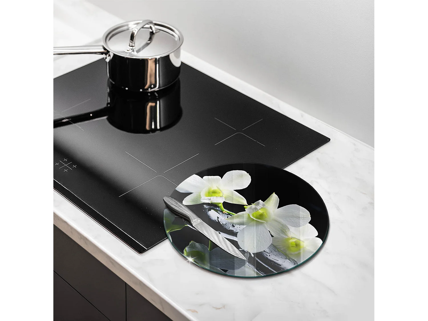 Planche de cuisine ronde en verre, 30 cm Fleurs blanches dans l'eau zen