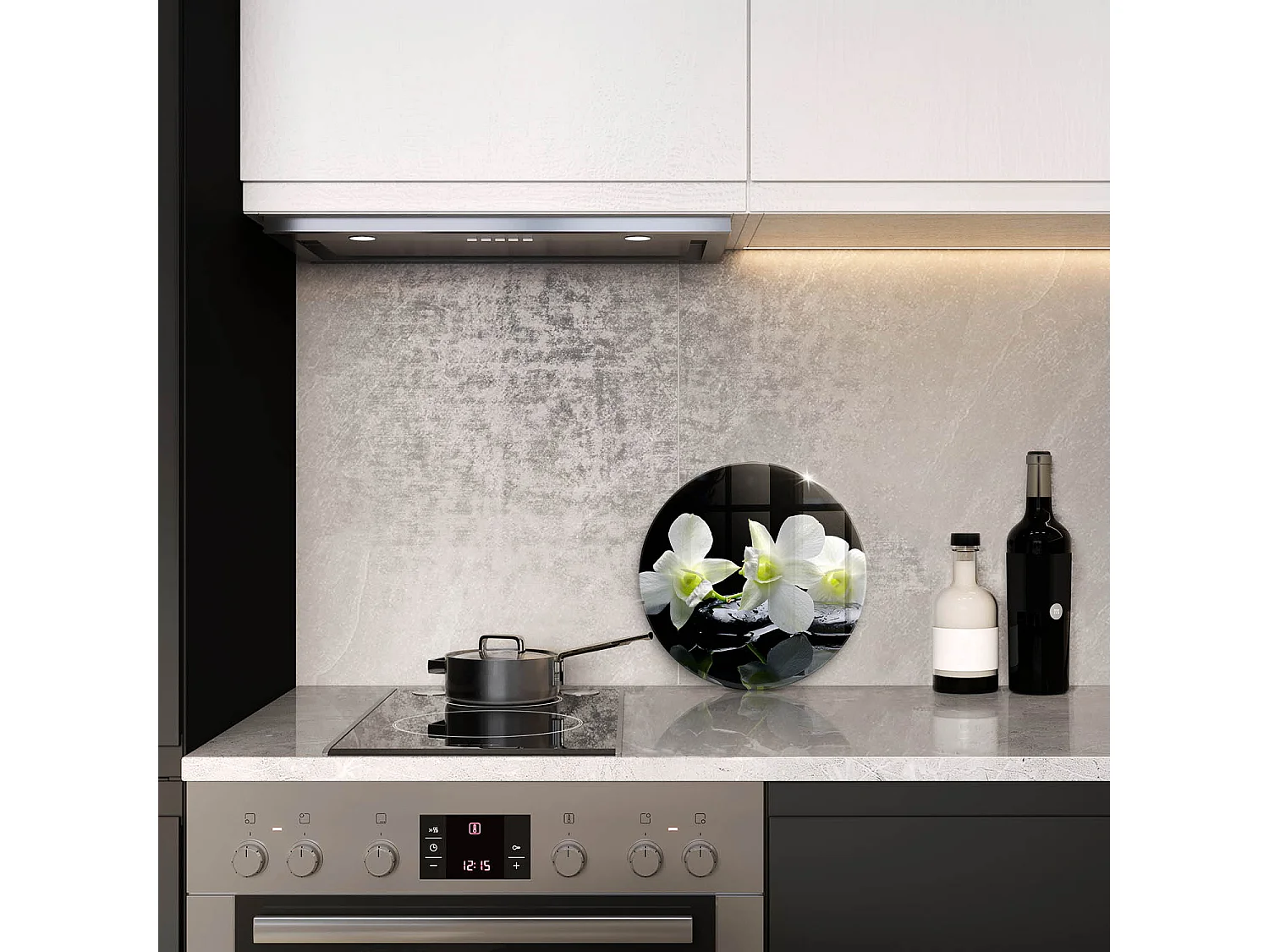 Planche de cuisine ronde en verre, 30 cm Fleurs blanches dans l'eau zen