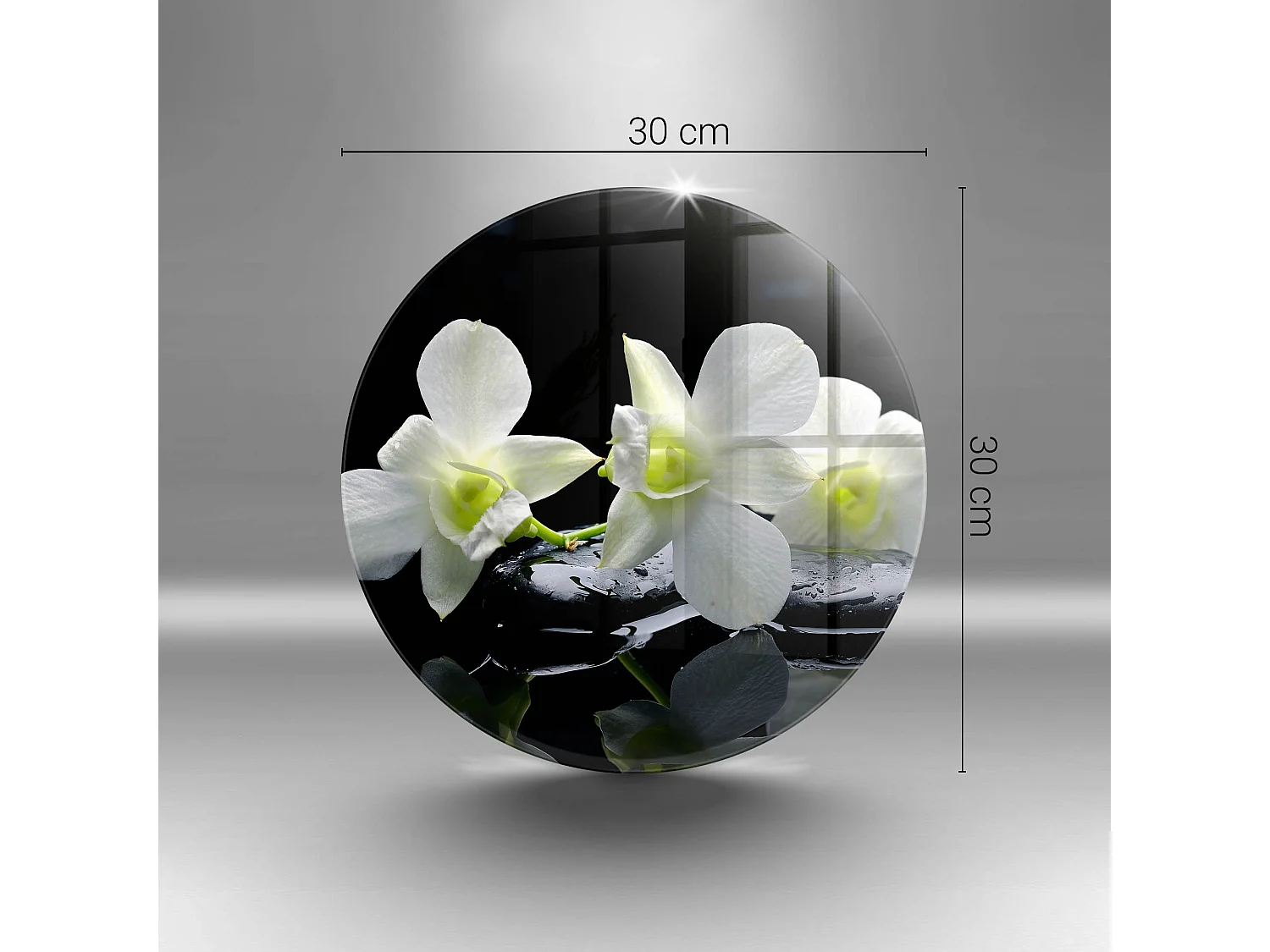 Rundes Küchenbrett aus Glas, 30 cm. Weiße Blumen im Zen-Wasser