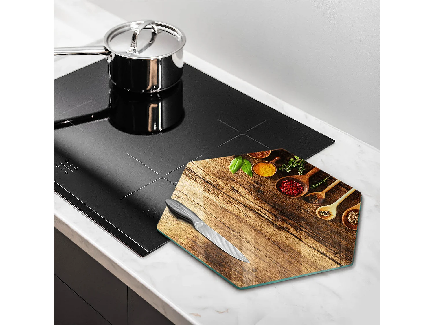 Planche de cuisine hexagonale en verre, 40 cm Cuillères à épices en bois