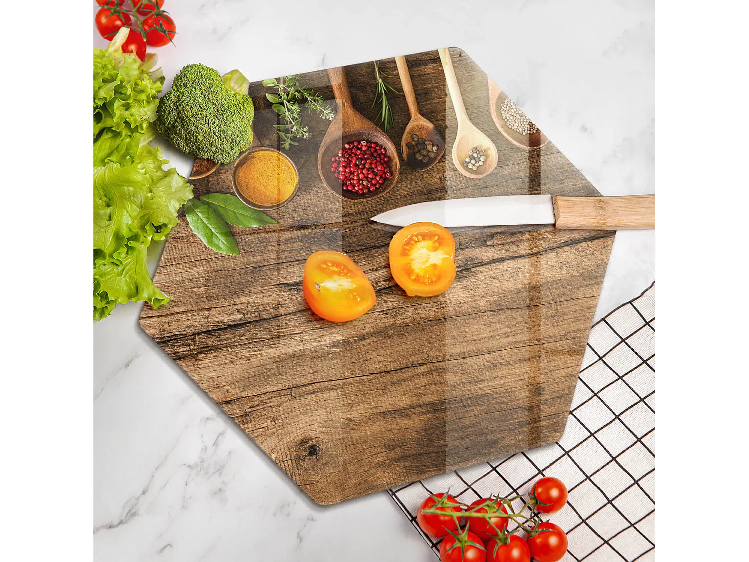 Planche de cuisine hexagonale en verre, 40 cm Cuillères à épices en bois