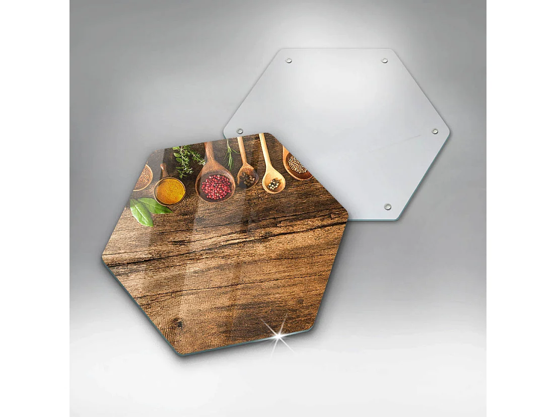 Planche de cuisine hexagonale en verre, 40 cm Cuillères à épices en bois