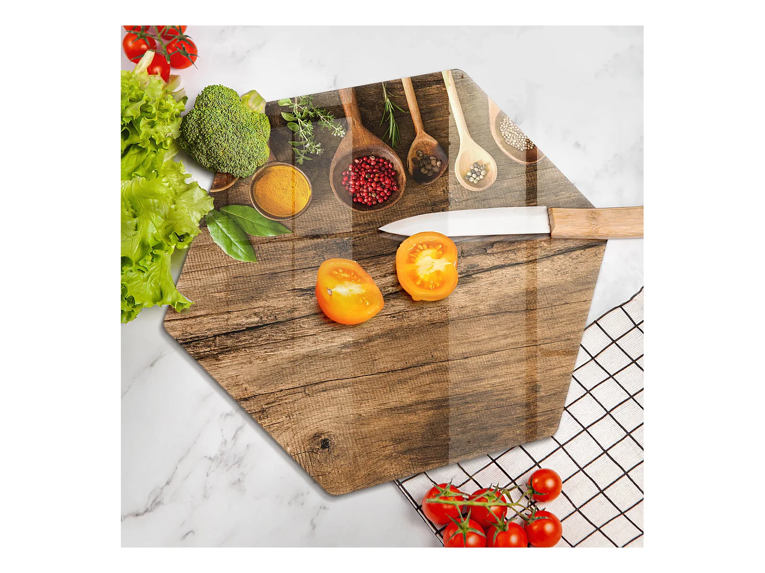 Tagliere da cucina esagonale in vetro, 40 cm Cucchiaini per spezie in legno