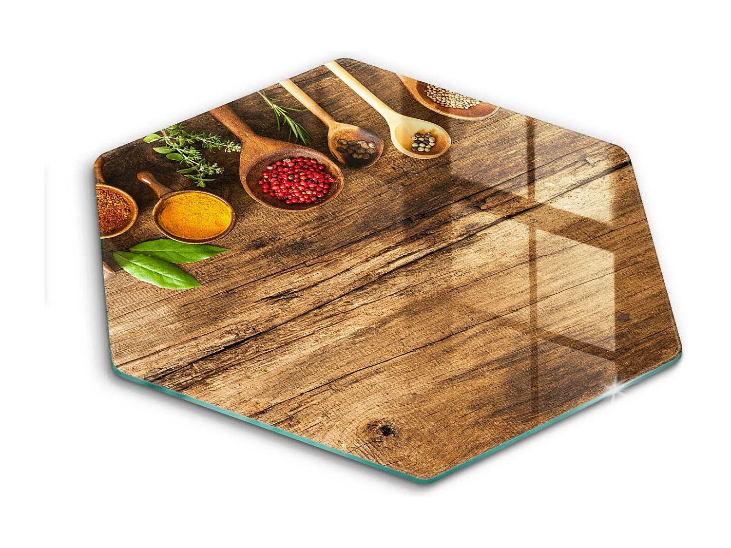 Sechseckiges Küchenbrett aus Glas, 40 cm Gewürzlöffel aus Holz