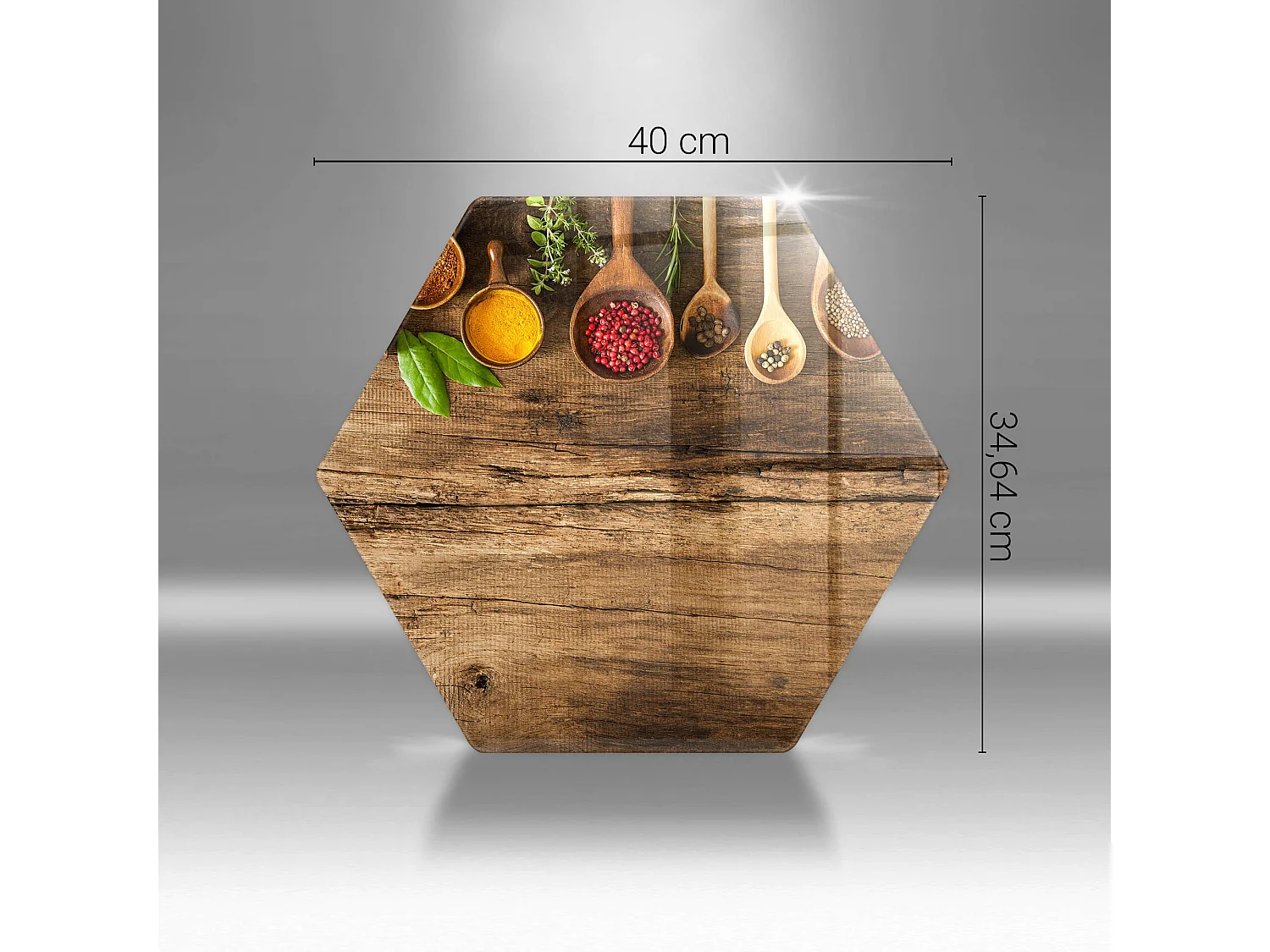 Sechseckiges Küchenbrett aus Glas, 40 cm Gewürzlöffel aus Holz