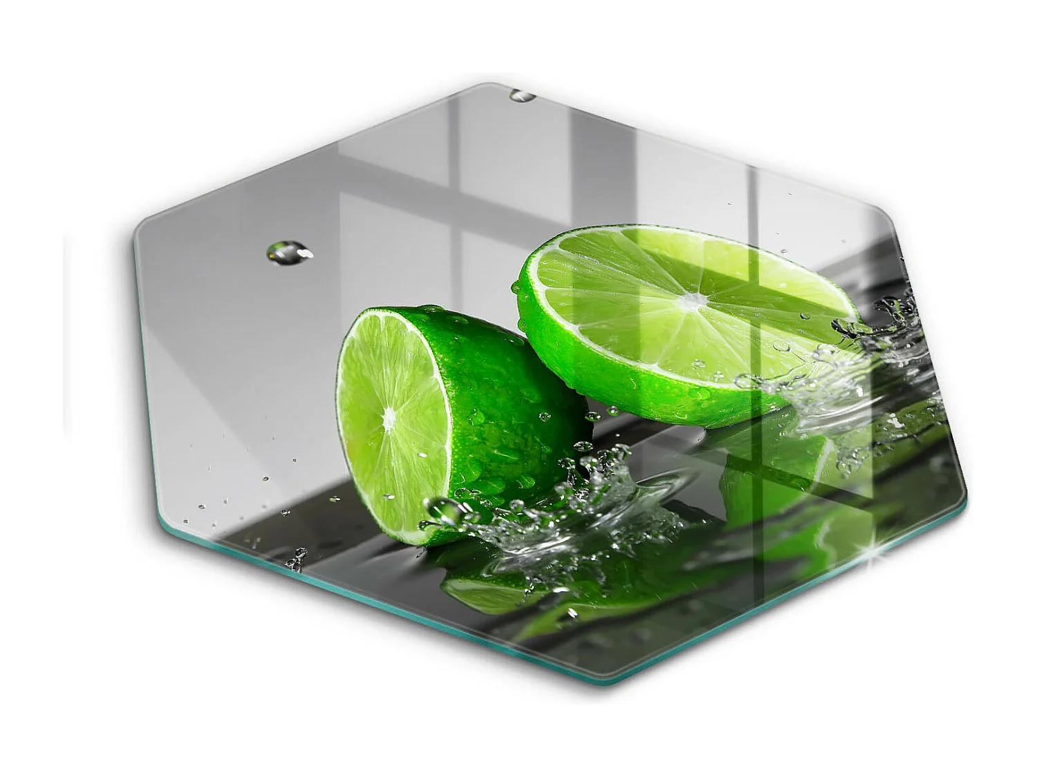 Planche de cuisine hexagonale en verre, 40 cm Citrons verts juteux et eau