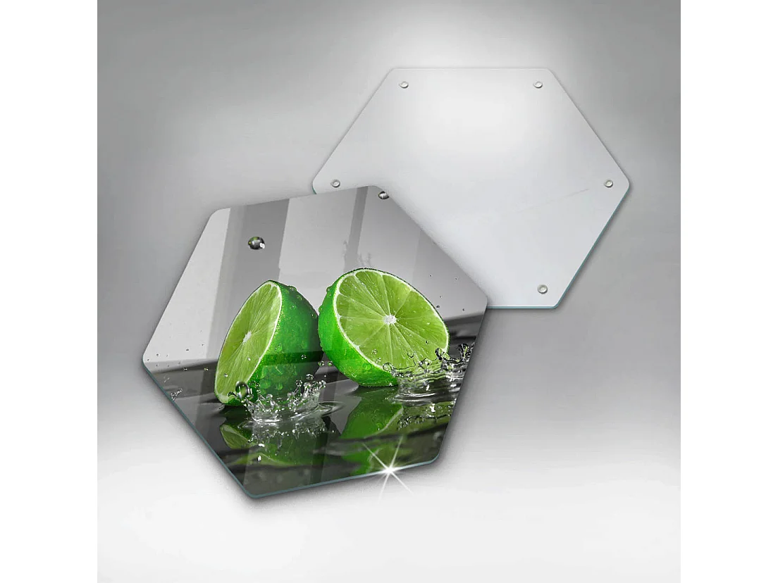 Planche de cuisine hexagonale en verre, 40 cm Citrons verts juteux et eau