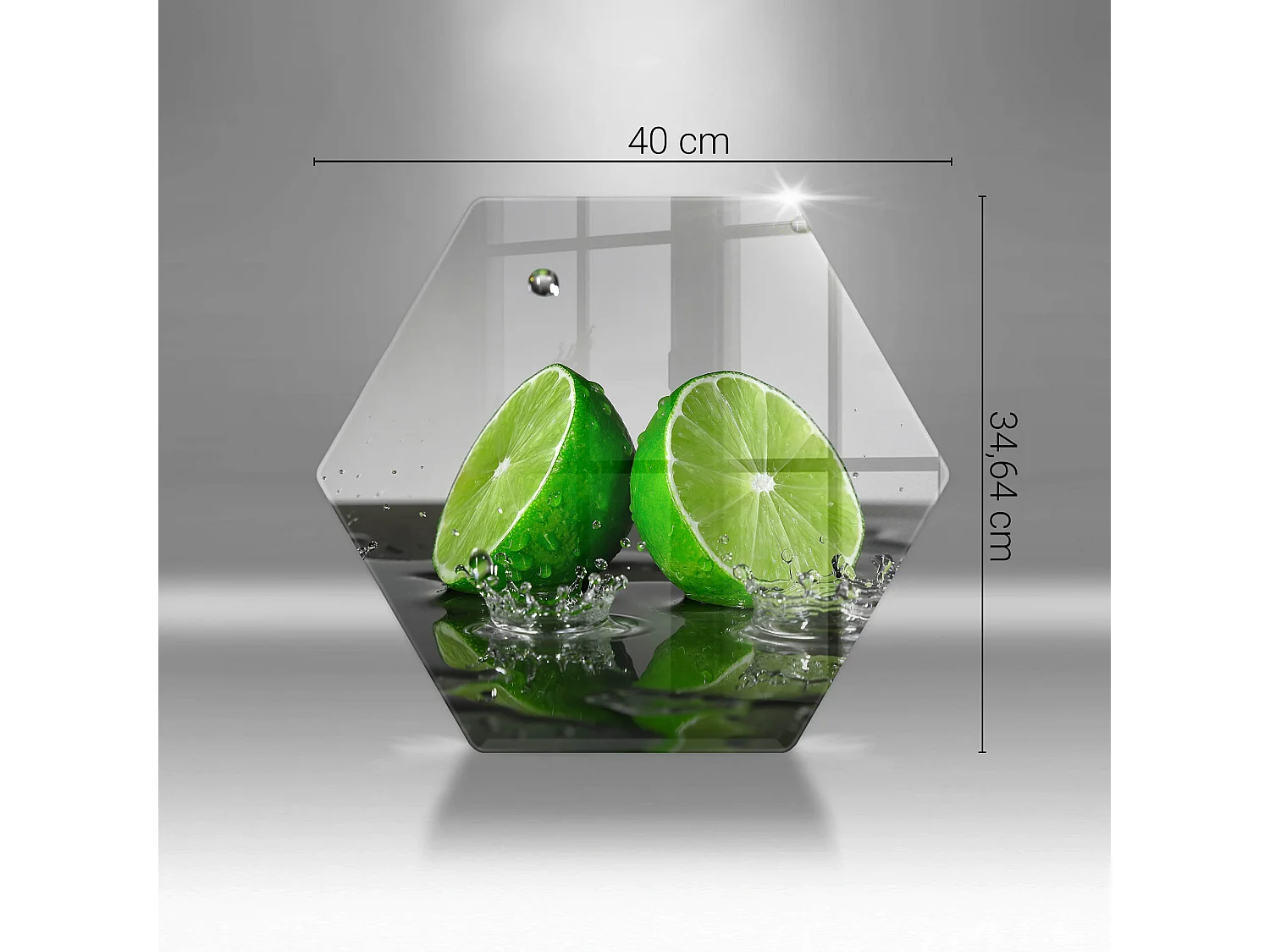 Planche de cuisine hexagonale en verre, 40 cm Citrons verts juteux et eau