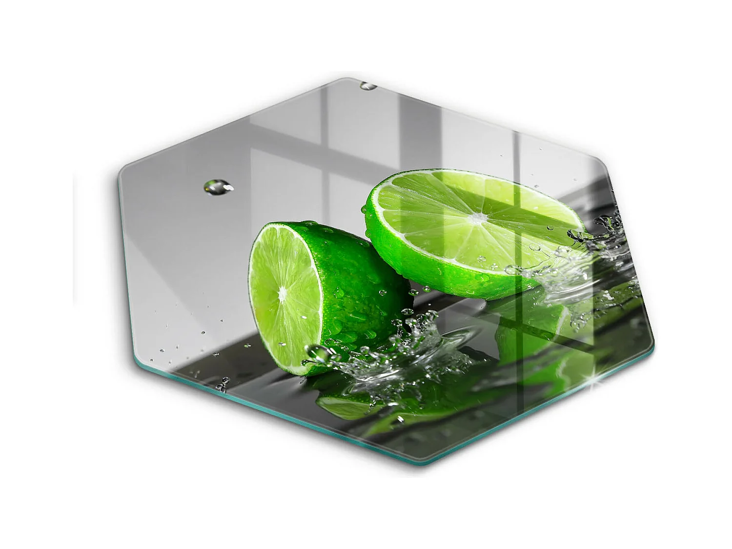 Planche de cuisine hexagonale en verre, 40 cm Citrons verts juteux et eau