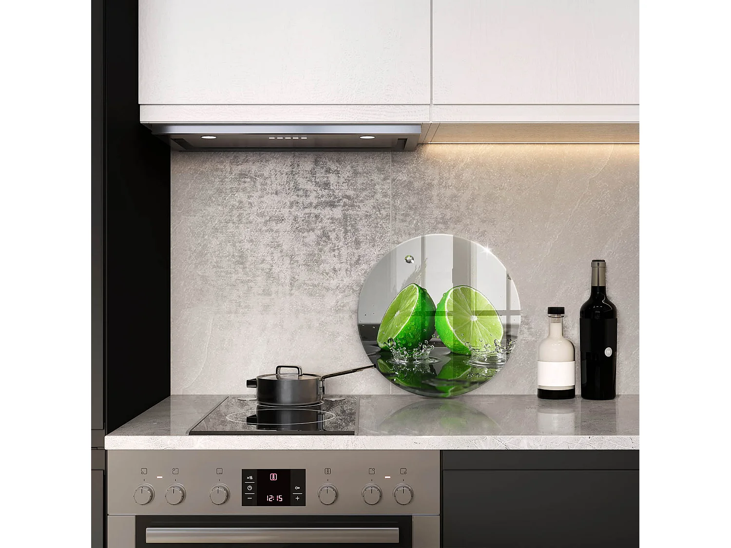 Rundes Küchenbrett aus Glas, 40 cm Saftige Limetten und Wasser