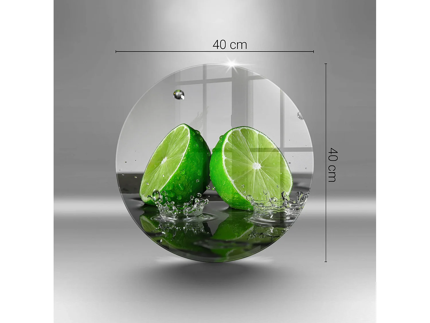 Rundes Küchenbrett aus Glas, 40 cm Saftige Limetten und Wasser