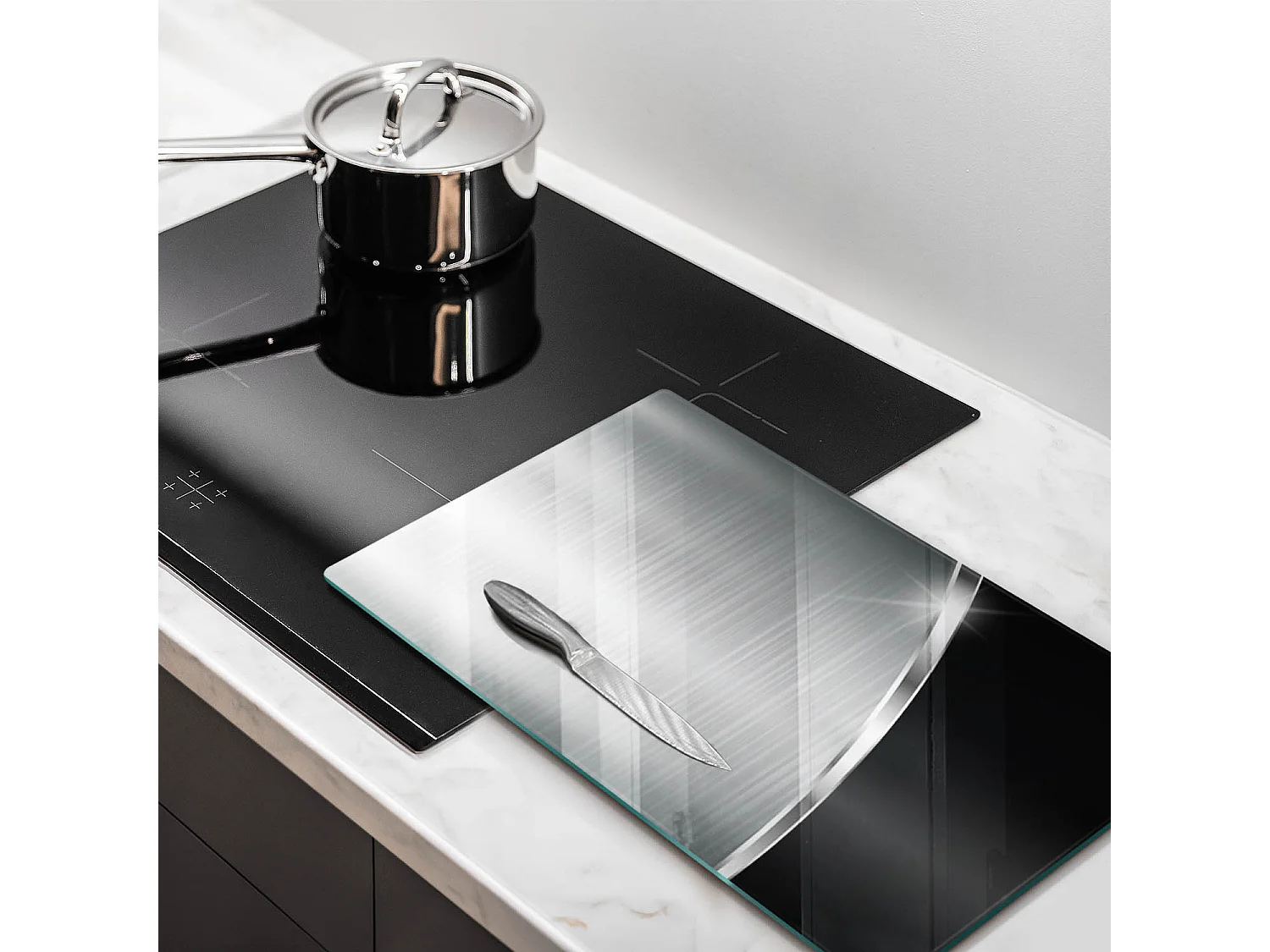 Planche de cuisine rectangulaire en verre, 30x52 cm Abstraction avec métal.