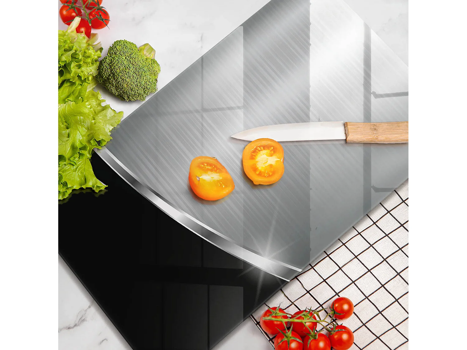 Planche de cuisine rectangulaire en verre, 30x52 cm Abstraction avec métal.