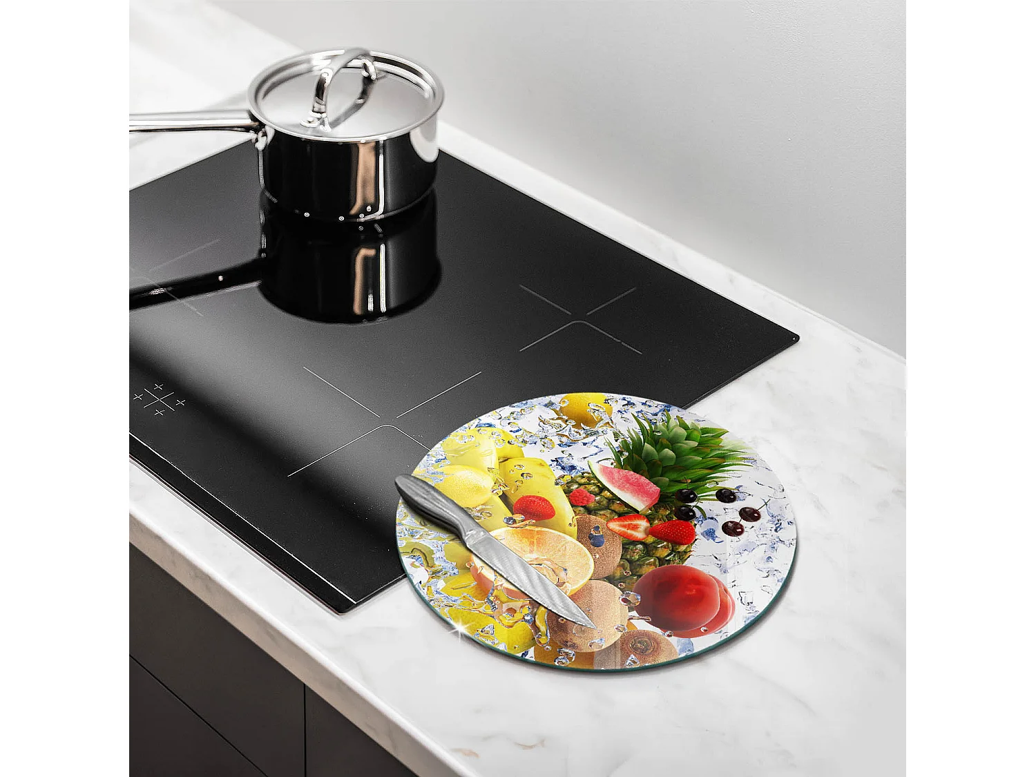 Planche de cuisine ronde en verre, 30 cm Fruits juteux et eau