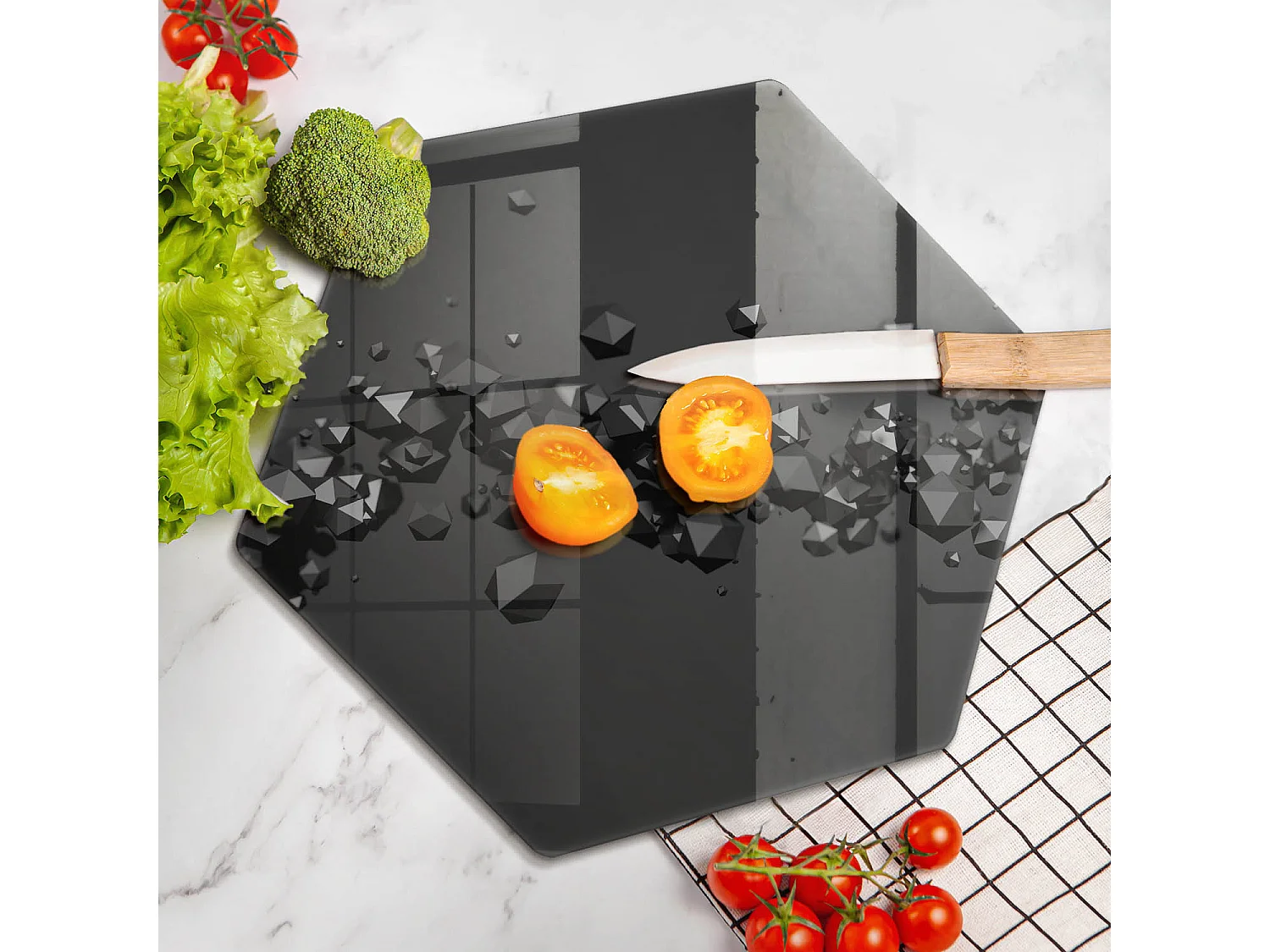 Planche de cuisine hexagonale en verre, 40 cm, formes 3D, abstraction