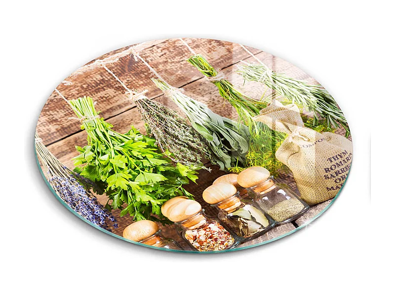 Rundes Küchenbrett aus Glas, 40 cm Kräuter, Gewürze und Holz