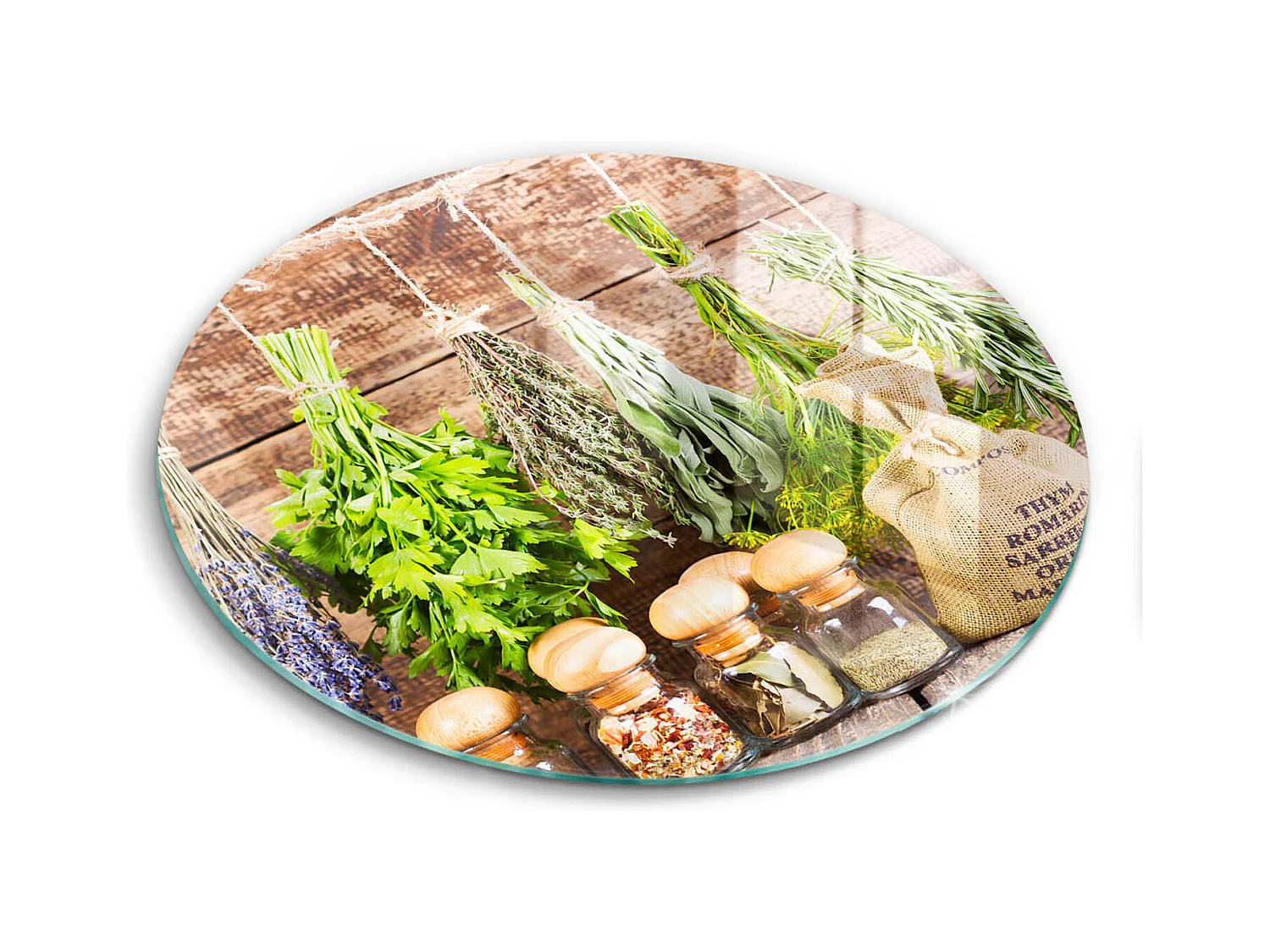 Planche de cuisine ronde en verre, 40 cm Herbes, épices et bois
