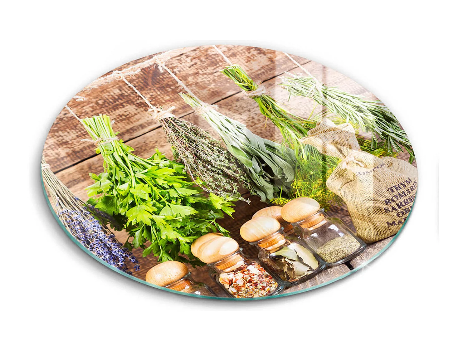 Planche de cuisine ronde en verre, 40 cm Herbes, épices et bois
