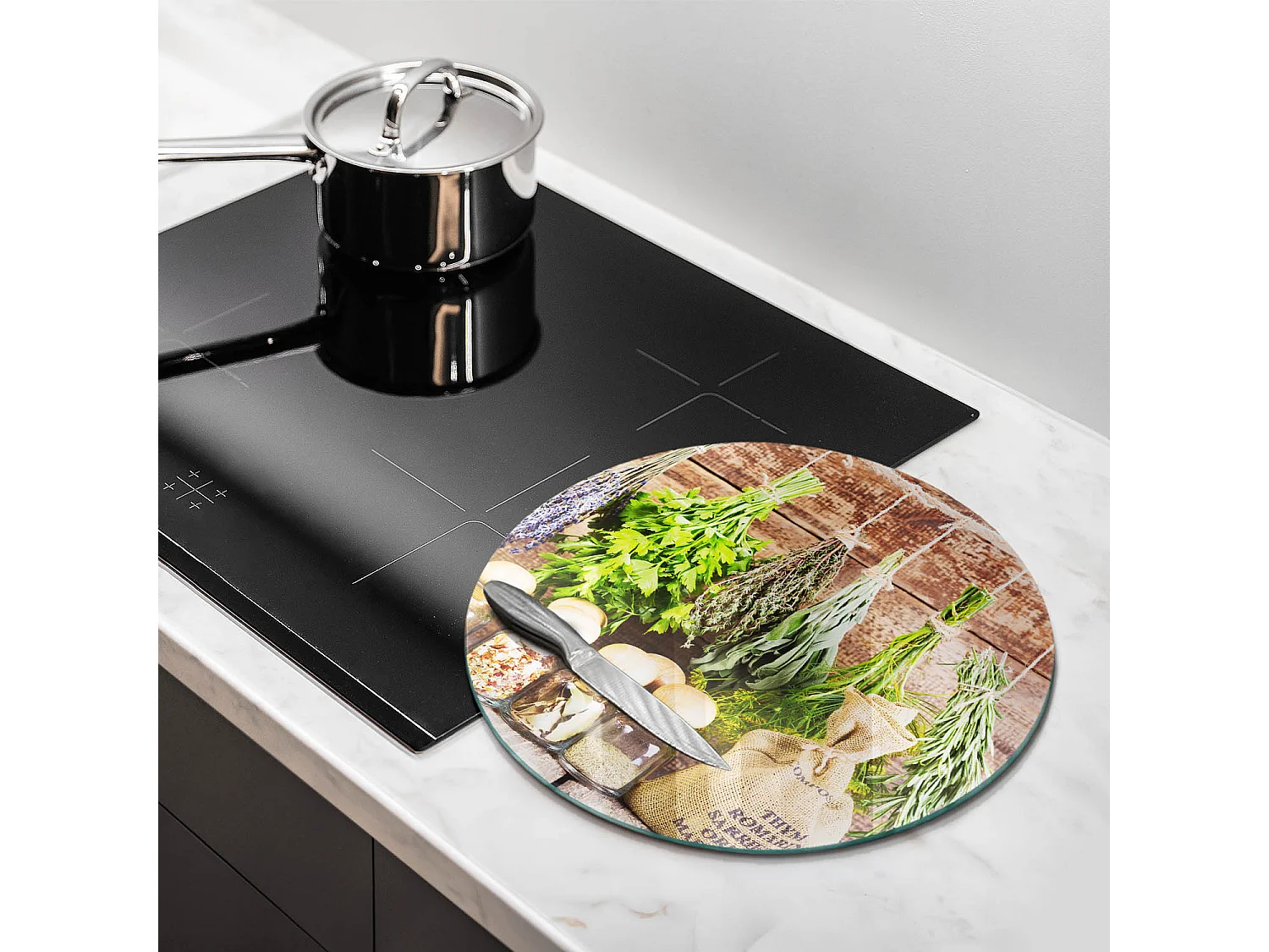 Planche de cuisine ronde en verre, 40 cm Herbes, épices et bois
