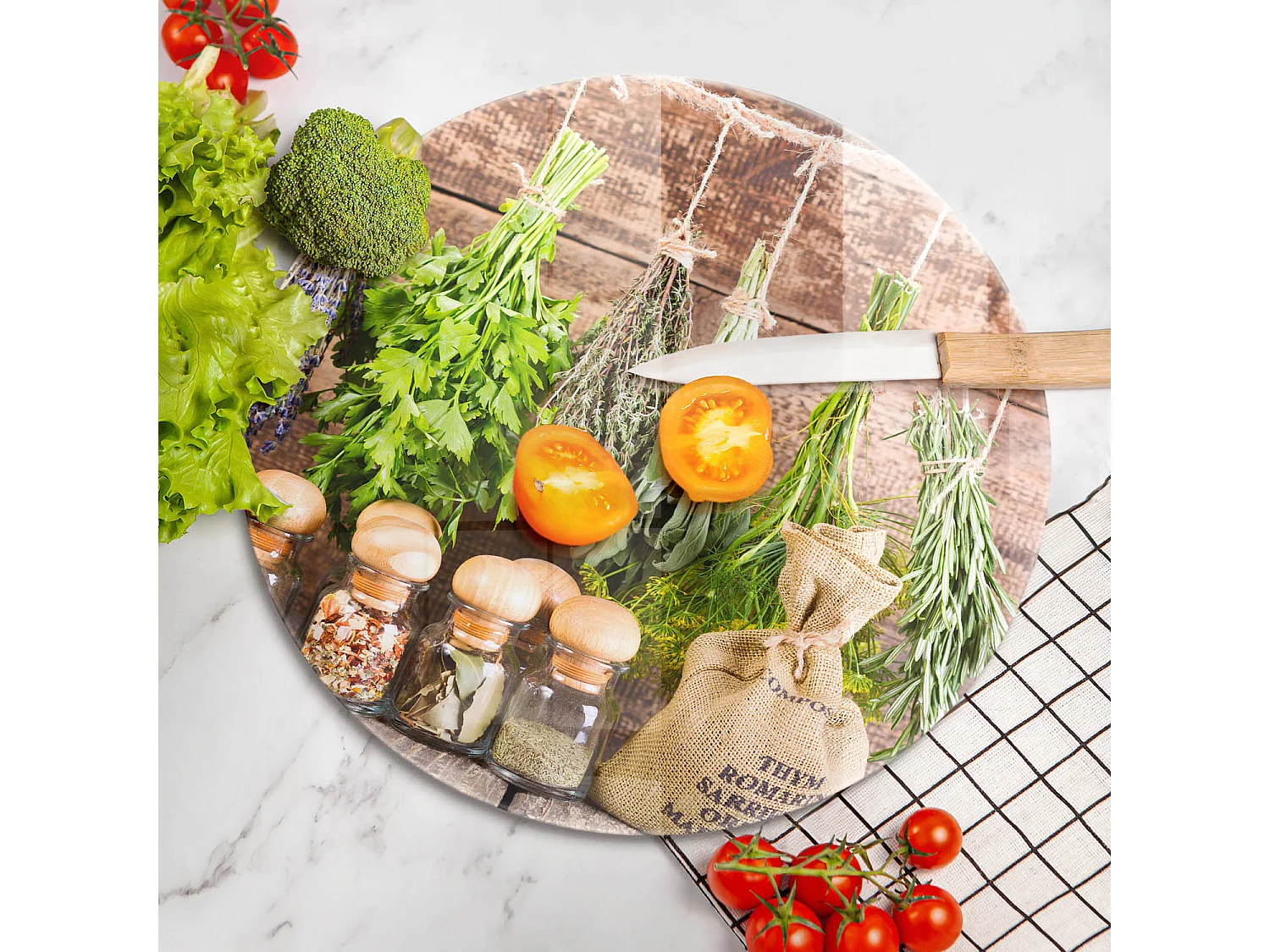 Planche de cuisine ronde en verre, 40 cm Herbes, épices et bois