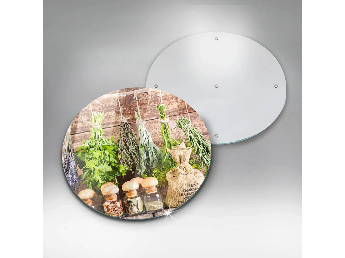 Planche de cuisine ronde en verre, 40 cm Herbes, épices et bois