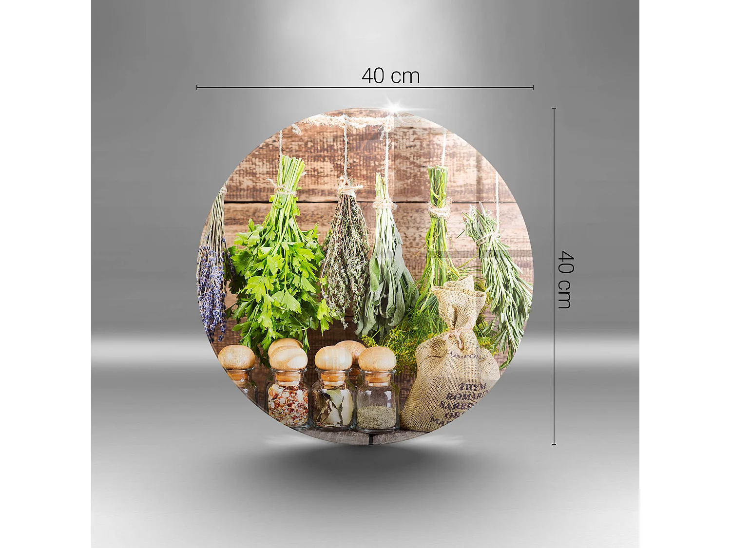 Planche de cuisine ronde en verre, 40 cm Herbes, épices et bois