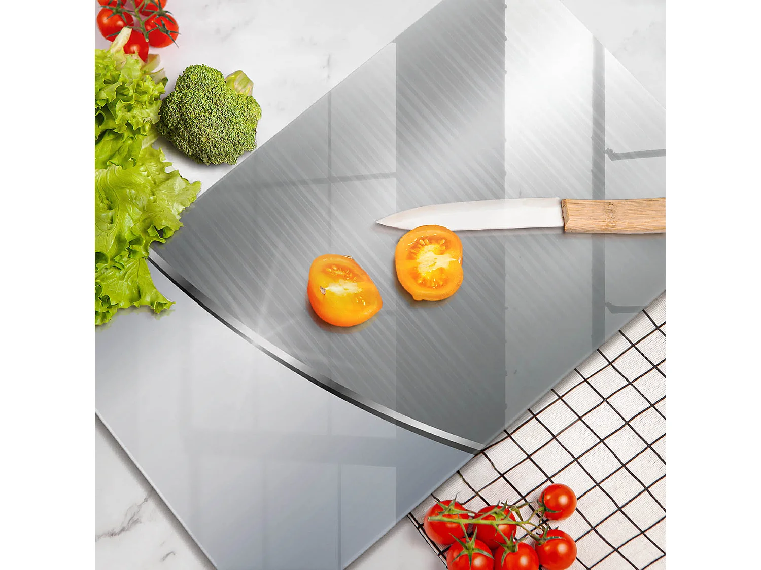 Tablero de cocina rectangular de vidrio, 30x52 cm Motivo abstracto de metal