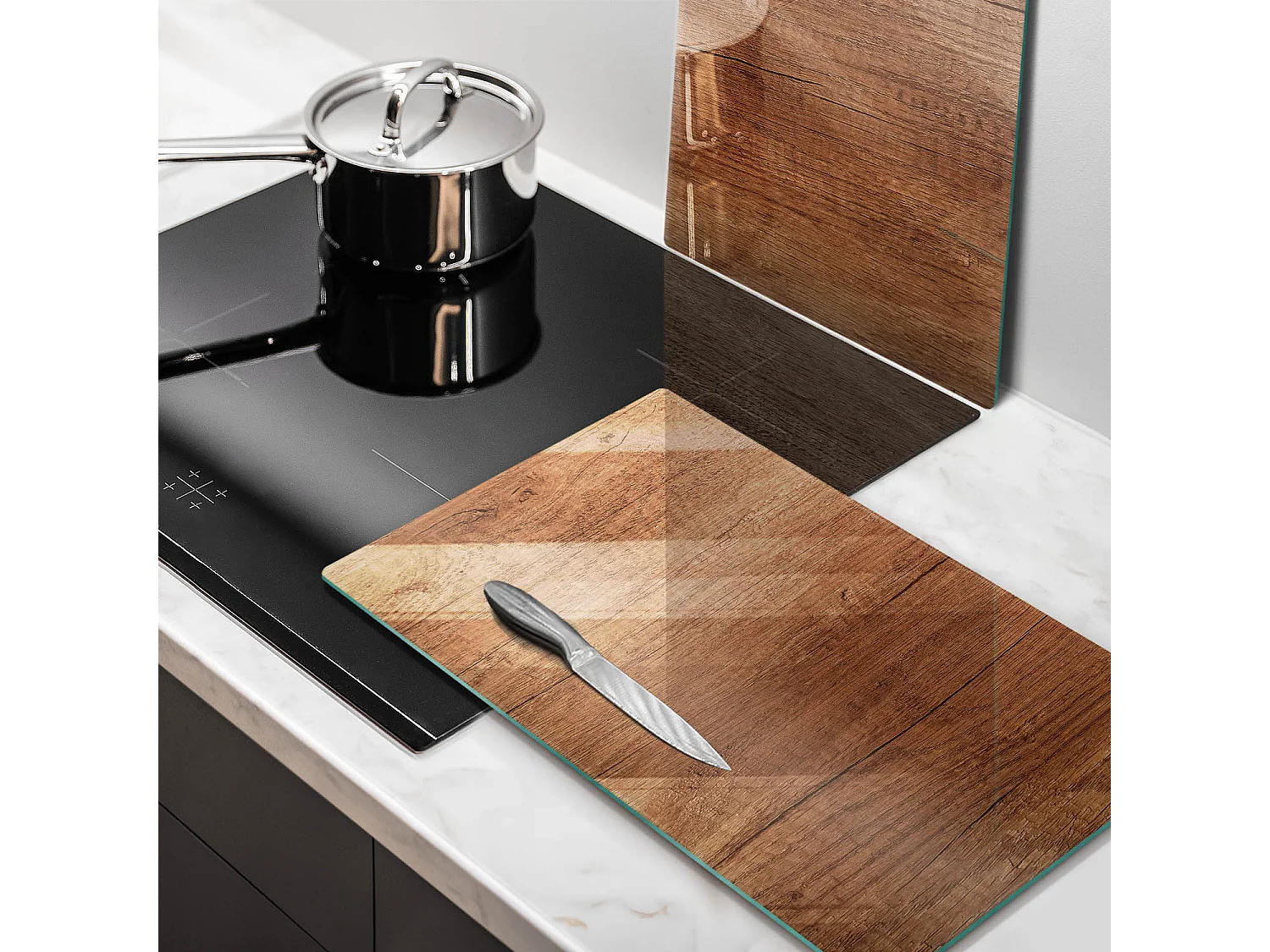 Rechteckiges Küchenbrett aus Glas, 2 Stück 30x52 cm, Holzstruktur